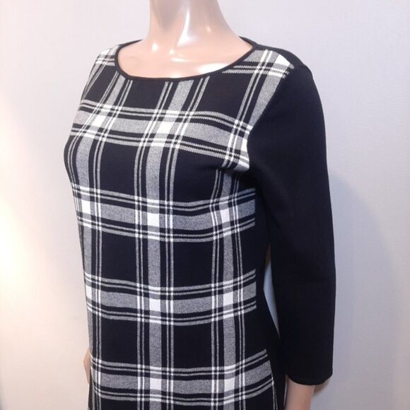 Chaps Plaid Sweater Dress Black 3/4 Sleeve Sheath Winter Stretch Womens Large - Picture 3 of 11